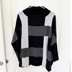 PLANET By Lauren G Color Block Poncho Style Cotton Sweater Black Gray One Size